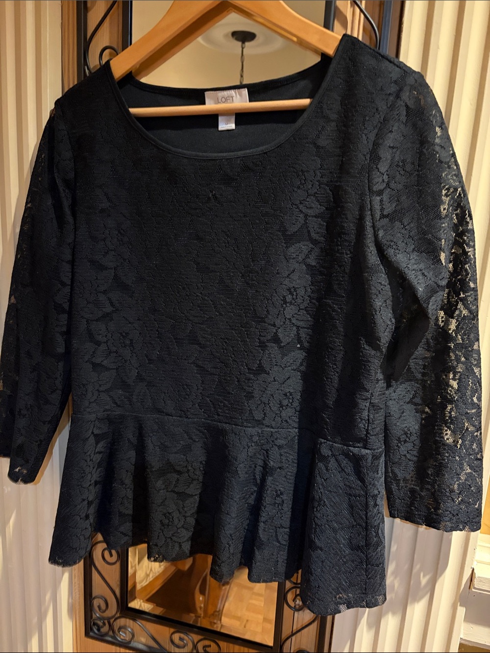 LOFT Black Lace Peplum Blouse with Sheer Sleeves